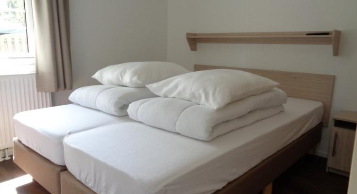 Bedroom with simple beds side by side with woody furniture and white pillows and blankets in Premium range